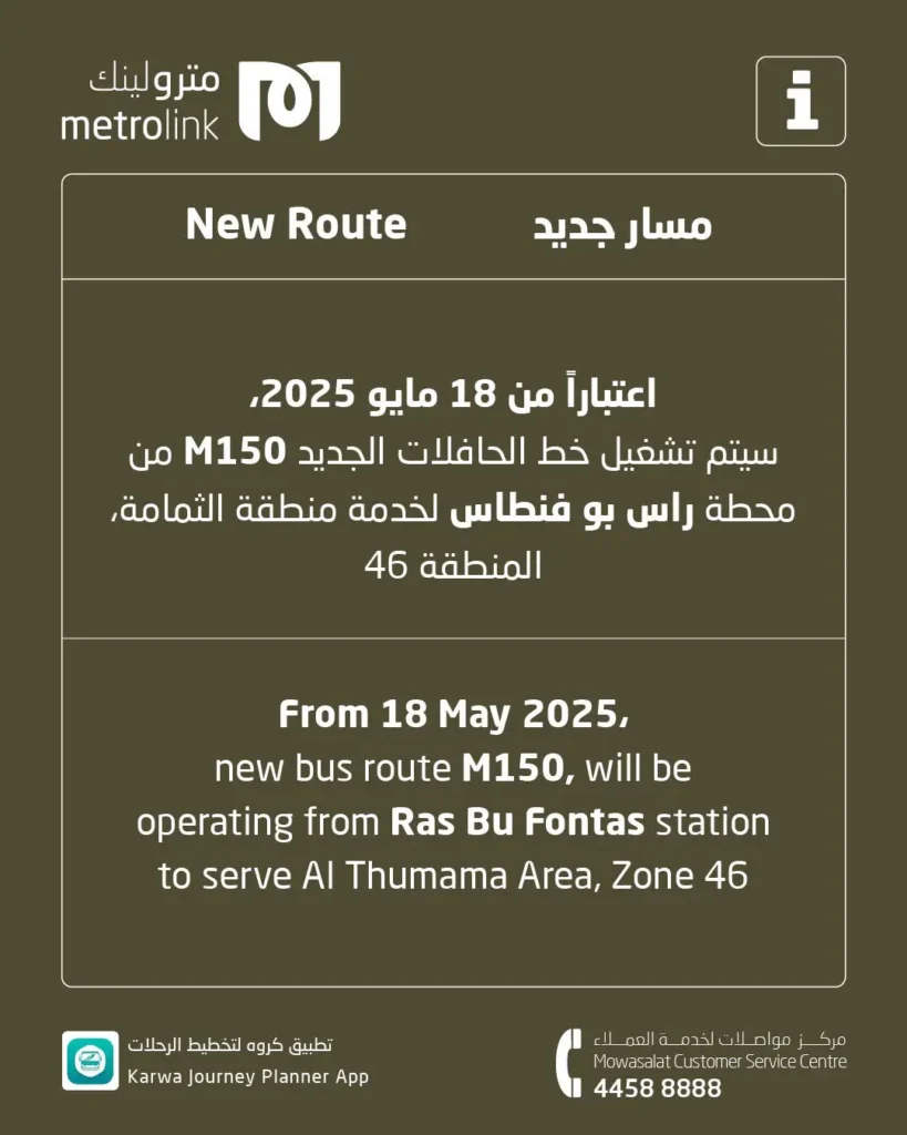 Doha Metro M150 bus route map from Ras Bu Fontas to Al Thumama