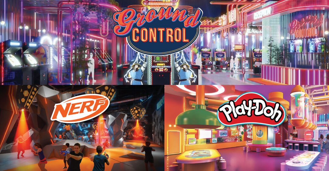 family entertainment zone at Msheireb Galleria including NERF Action Xperience, Play-Doh Fun Factory, and Ground Control