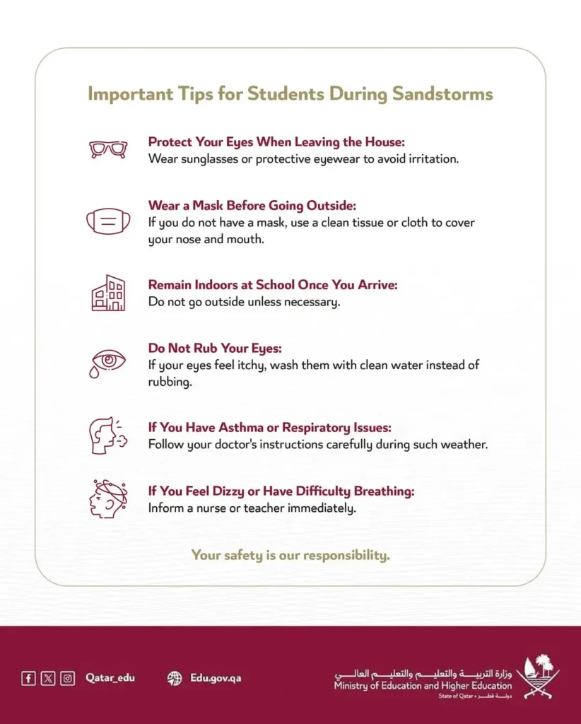 Official advisory poster from MOEHE urging schools and parents to follow dust storm safety measures