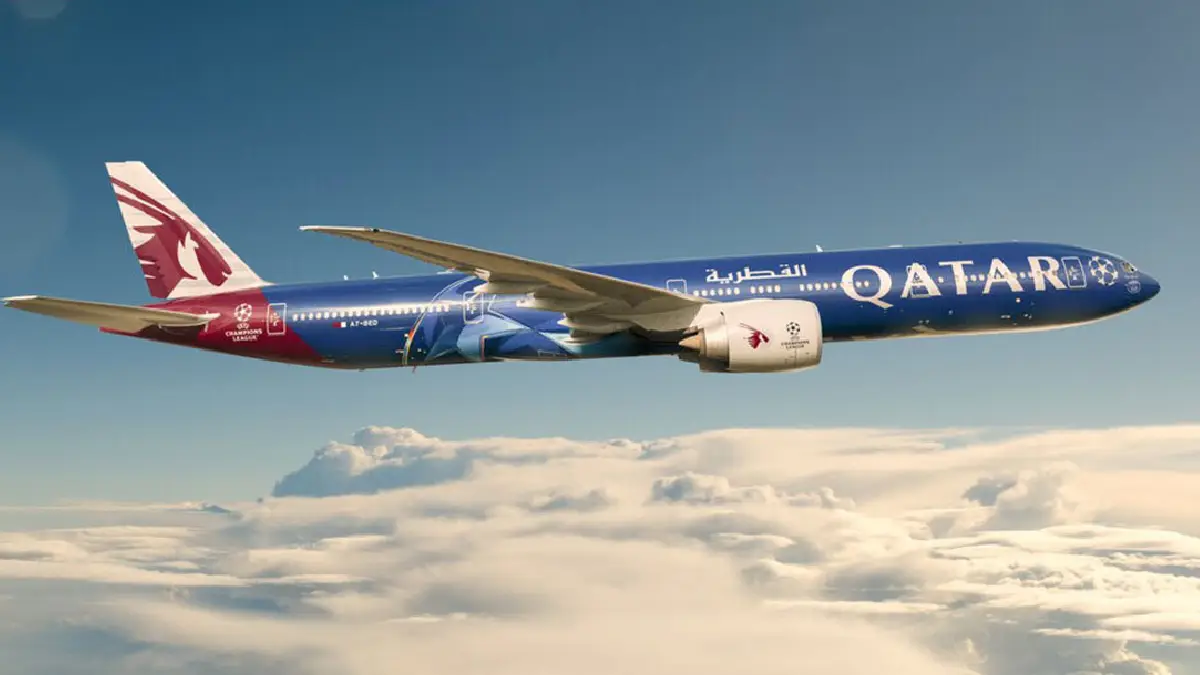Qatar Airways aircraft and pavilion at Paris Air Show 2025