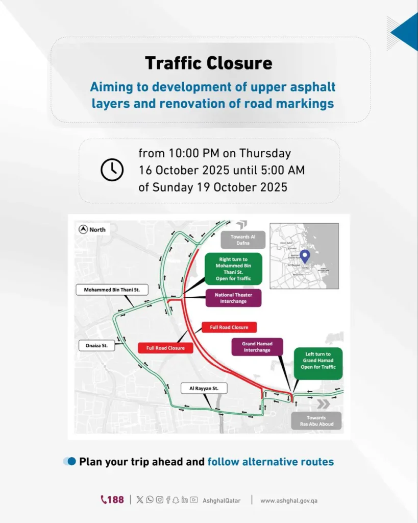 Al Corniche Street closure and traffic diversion in Doha by Ashghal