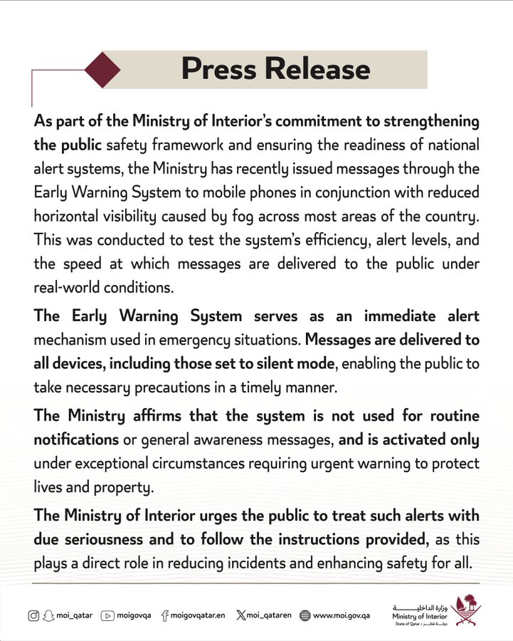 MOI Urges Public to Act on Mobile Warning Alerts